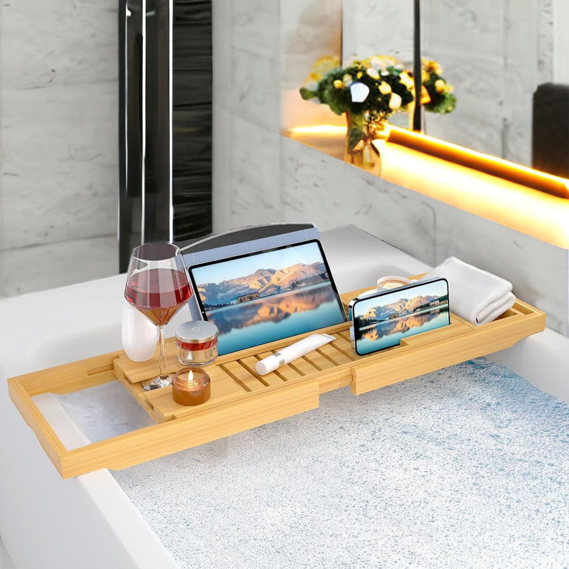 Symple Stuff Arness Freestanding Bamboo Bath Caddy with Extended Sides